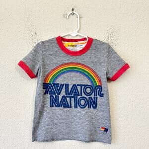 AVIATOR NATION Ringer Tee Gray Rainbow Graphic SS Retro T-Shirt